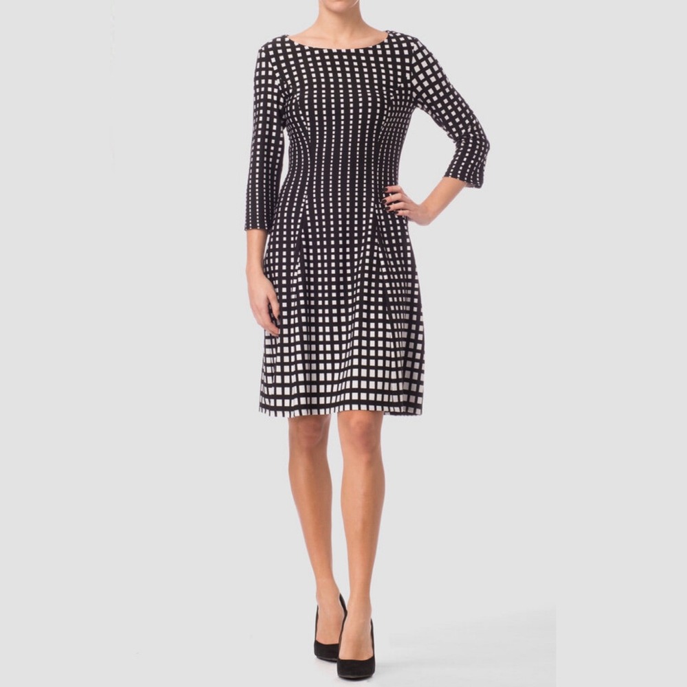 Joseph Ribkoff‎ Canada Black Flare Jersey Dress Size 2 Square Print 3/4 Sleeves